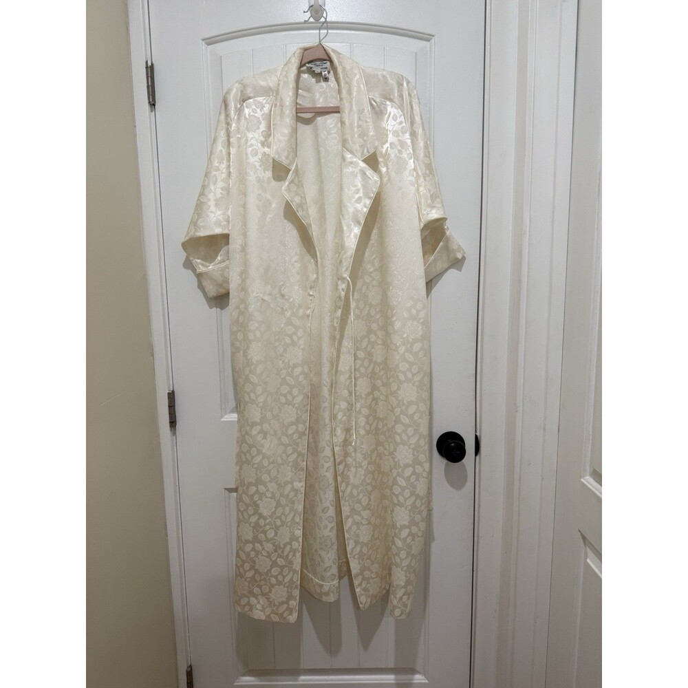 Vtg Christian Dior Sz M Ivory Floral Satin Detail Kimono Full Length Robe USA